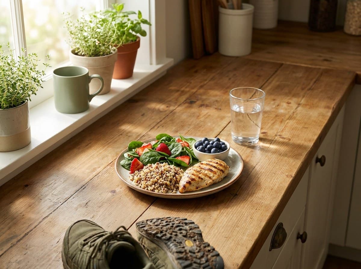 A balanced healthy meal on a kitchen counter with morning sunlight.