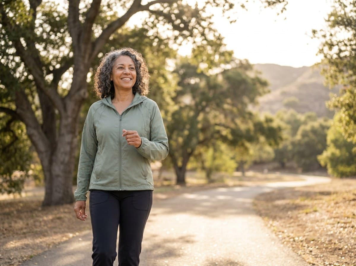 An adult walking outdoors in golden-hour light through a tree-lined neighborhood.