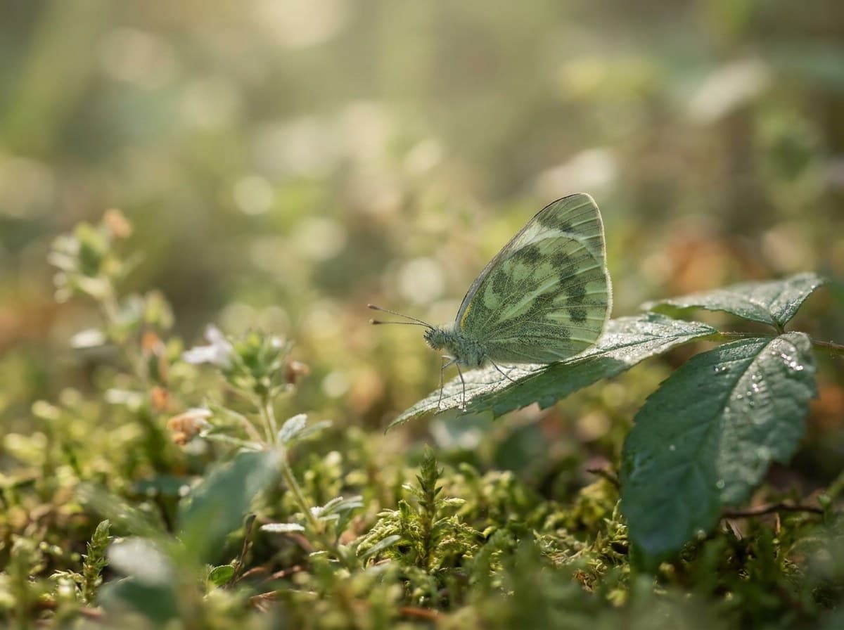 A pale-green butterfly resting on a leaf in dappled morning sunlight.